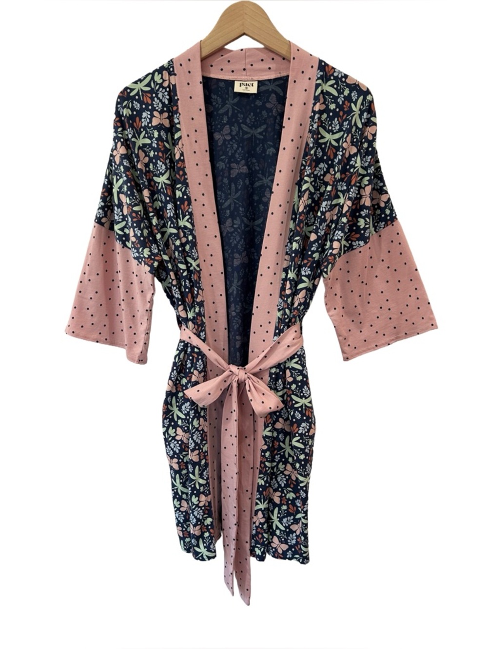 Pact women’s Staycation short robe XS/S pink navy butterflies lounge cotton NWOT